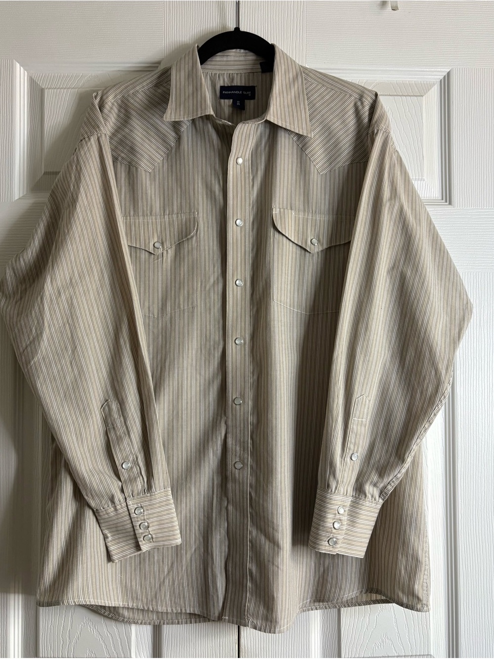 Panhandle Slim Beige Striped Western Button-Up Shirt - Picture 2 of 16